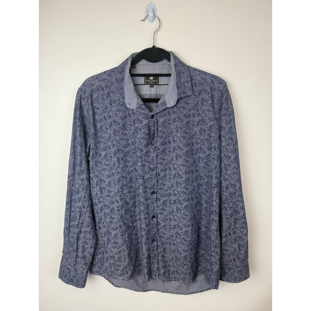 Steel And Jelly London Shirt Navy Blue Long Sleeve Button Front Design Size‎ L